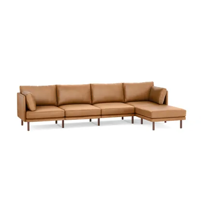 Field Leather 5-Piece Sectional Lounger - Camel - Top Grain Leather / Walnut - Wood