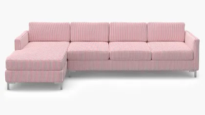 Modern Sectional, Left Facing, Red Classic Ticking Stripe, Chrome L Leg