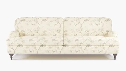 English Roll Arm Sofa, Cream Swallows, Espresso Turned Wood Leg