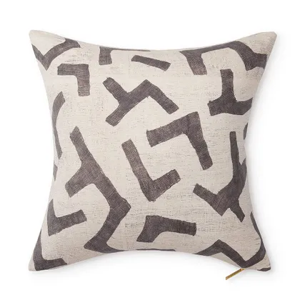 Ecru Figures Kuba Cloth Pillow by St. Frank | Grey | 18" W x 18" H | Sheepskin/Linen