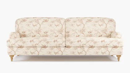 English Roll Arm Sofa, Terracotta Swallows, Natural Turned Wood Leg