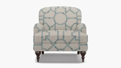 English Roll Arm Chair, Blue Baldwin Bamboo, Espresso Turned Wood Leg