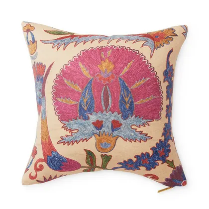 Bright Botanical Suzani Pillow by St. Frank | 22" W x 22" H | Cotton/Silk/Linen