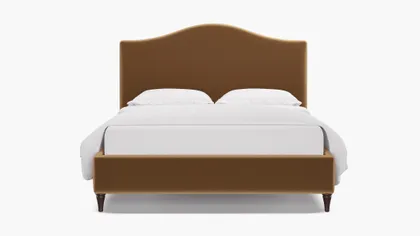 Camelback Bed, Fawn Performance Velvet, Espresso Decorative Tapered Leg, Queen