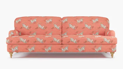 English Roll Arm Sofa, Coral Tigresse, Natural Turned Wood Leg