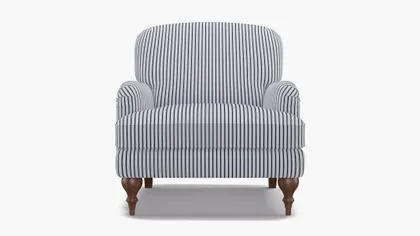 English Roll Arm Chair, Navy Classic Ticking Stripe, Walnut Turned Wood Leg