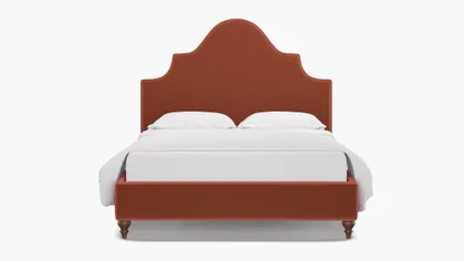 Statement Bed, Terracotta Performance Velvet, Walnut Traditional Turned Leg, Queen