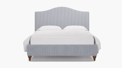 Camelback Bed, Navy Classic Ticking Stripe, Walnut Traditional Turned Leg, Queen