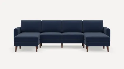 Nomad Double Chaise Sectional - Navy Blue - Performance Flatweave / Walnut - Wood / Block