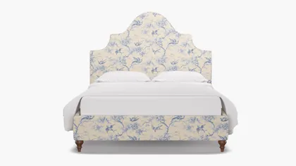 Statement Bed, Blue Swallows, Walnut Traditional Turned Leg, King