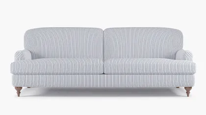 English Roll Arm Sofa, Navy Classic Ticking Stripe, Walnut Turned Wood Leg