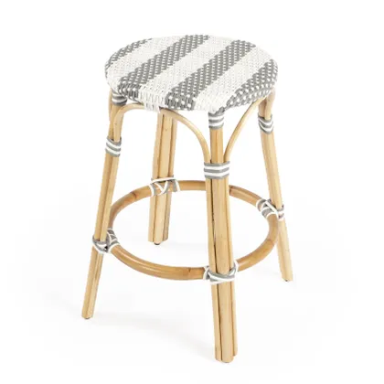 Tobias Gray/White Stripe/ Natural Rattan Frame Counter Stool