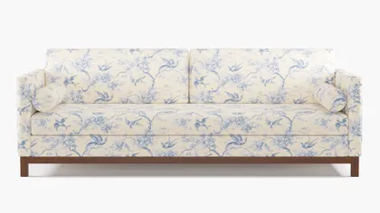 Tailored Tuxedo Sofa, Blue Swallows, Walnut Wood Rail