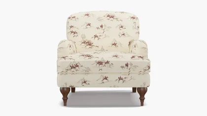 English Roll Arm Chair, Red Cotswold Hunt, Walnut Turned Wood Leg