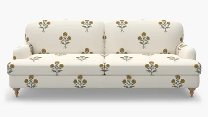 English Roll Arm Sofa, Marigold Delphine, Natural Turned Wood Leg
