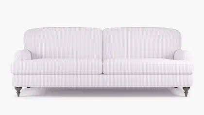 English Roll Arm Sofa, Pink Classic Ticking Stripe, Espresso Turned Wood Leg