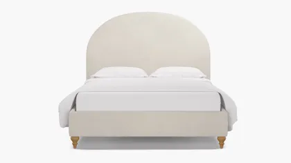 Demilune Bed, White Performance Velvet, Natural Traditional Turned Leg, Queen