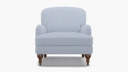 English Roll Arm Chair, Cornflower Classic Ticking Stripe, Walnut Turned Wood Leg