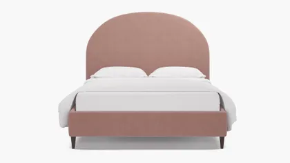 Demilune Bed, Blush Everyday Linen, Espresso Square Tapered Leg, Queen