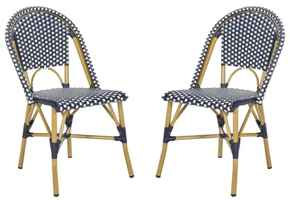 Salcha Indoor-Outdoor French Bistro Stacking Side Chair - Navy/White/Light Brown - Safavieh