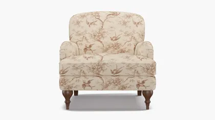English Roll Arm Chair, Terracotta Swallows, Walnut Turned Wood Leg