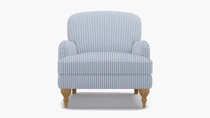 English Roll Arm Chair, Cornflower Classic Ticking Stripe, Natural Turned Wood Leg