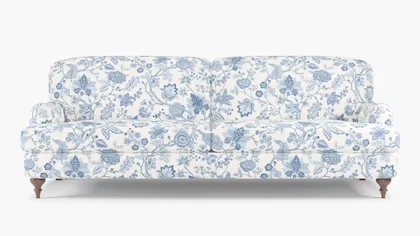English Roll Arm Sofa, Delft La Vendee, Walnut Turned Wood Leg