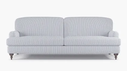 English Roll Arm Sofa, Navy Classic Ticking Stripe, Espresso Turned Wood Leg