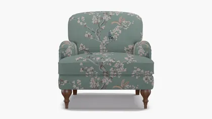 English Roll Arm Chair, Mint Cherry Blossom, Walnut Turned Wood Leg