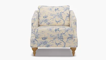 Slope Arm Chair, Blue Swallows, Natural Turned Wood Leg
