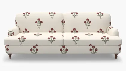English Roll Arm Sofa, Red Delphine, Walnut Turned Wood Leg