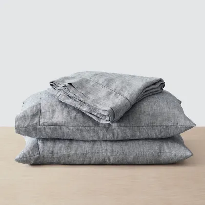 The Citizenry Stonewashed Linen Bed Sheet Set | Full | Graphite Thin Stripe