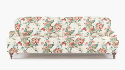 English Roll Arm Sofa, Rose Peacock Park, Walnut Turned Wood Leg