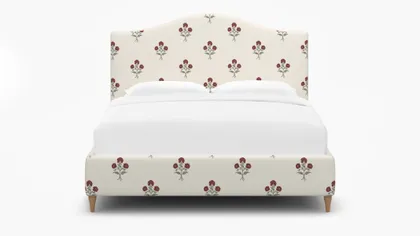 Camelback Bed, Red Delphine, Natural Decorative Tapered Leg, Queen