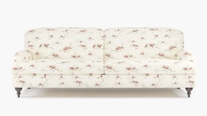 English Roll Arm Sofa, Red Cotswold Hunt, Espresso Turned Wood Leg