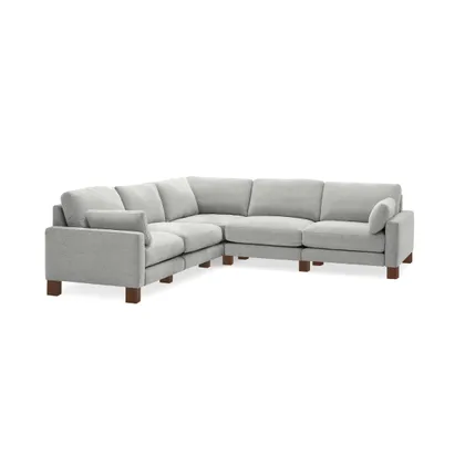 Union 5-Seat Sectional - Crushed Gravel - Performance Chenille / Walnut - Wood / Square Leg