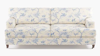 Classic Sofa, Blue Swallows, Walnut with Antique Brass Caster