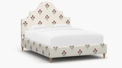 Statement Bed, Red Delphine, Natural Decorative Tapered Leg, Queen