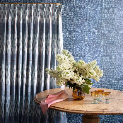 Chambray Lattice Baule French Pleat Curtain by St. Frank | Blue | 96" Panel | Cotton
