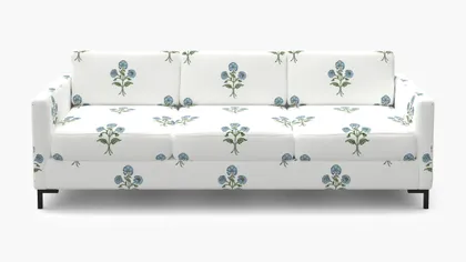 Modern Sofa, Blue Delphine, Brass L Leg