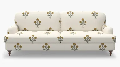 English Roll Arm Sofa, Marigold Delphine, Walnut Turned Wood Leg