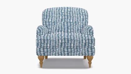 English Roll Arm Chair, Dusty Blue Odalisque, Natural Turned Wood Leg