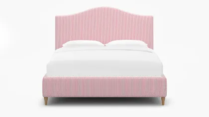 Camelback Bed, Red Classic Ticking Stripe, Natural Decorative Tapered Leg, Queen