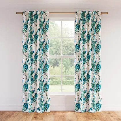 Printed Linen Curtain, Turquoise Peacock Park, 50" x 96", Privacy
