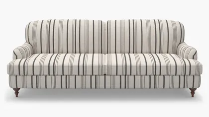 English Roll Arm Sofa, Black Market Stripe, Walnut Turned Wood Leg