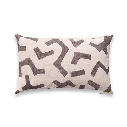 Ecru Figures Kuba Cloth Pillow by St. Frank | Grey | 26" W x 16" H | Sheepskin/Linen