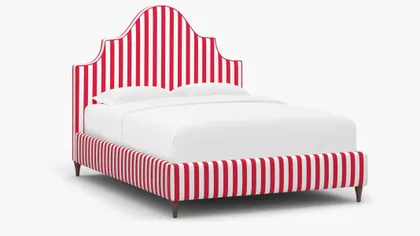 Statement Bed, Red Cabana Stripe, Walnut Decorative Tapered Leg, Queen