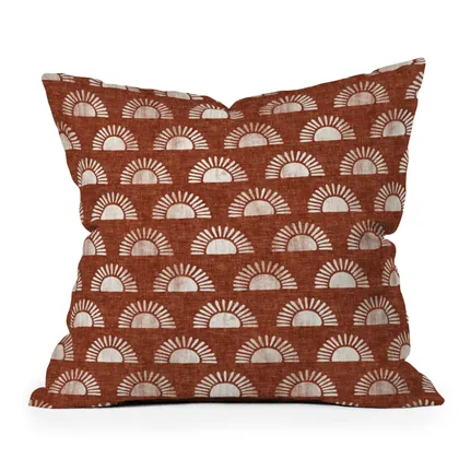 Block Print Suns On Rust by Little Arrow Design Co - Outdoor Throw Pillow 18" x 18"