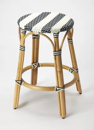 Tobias White/Navy Stripe/ Natural Rattan Frame Counter Stool
