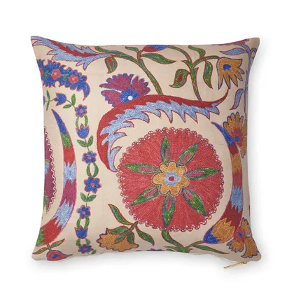 Bright Botanical Suzani Pillow by St. Frank | 26" W x 26" H | Cotton/Silk/Linen